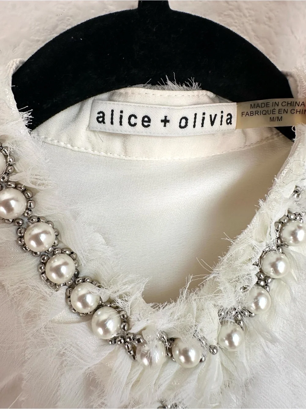 Alice and Olivia Arminda Ruffled Pearl Blouse pearl embellishments Medium Silk - Picture 12 of 17